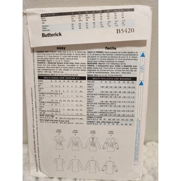 Butterick B5420 Sewing Pattern UNCUT Sizes 8–14 | Women’s Tunic Top - Picture 2 of 10